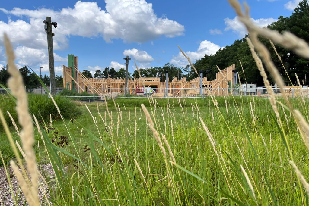 Wood framing for the Lapham Lodge under construction at Lapham Peak, viewed across tall grass and a meadow.
